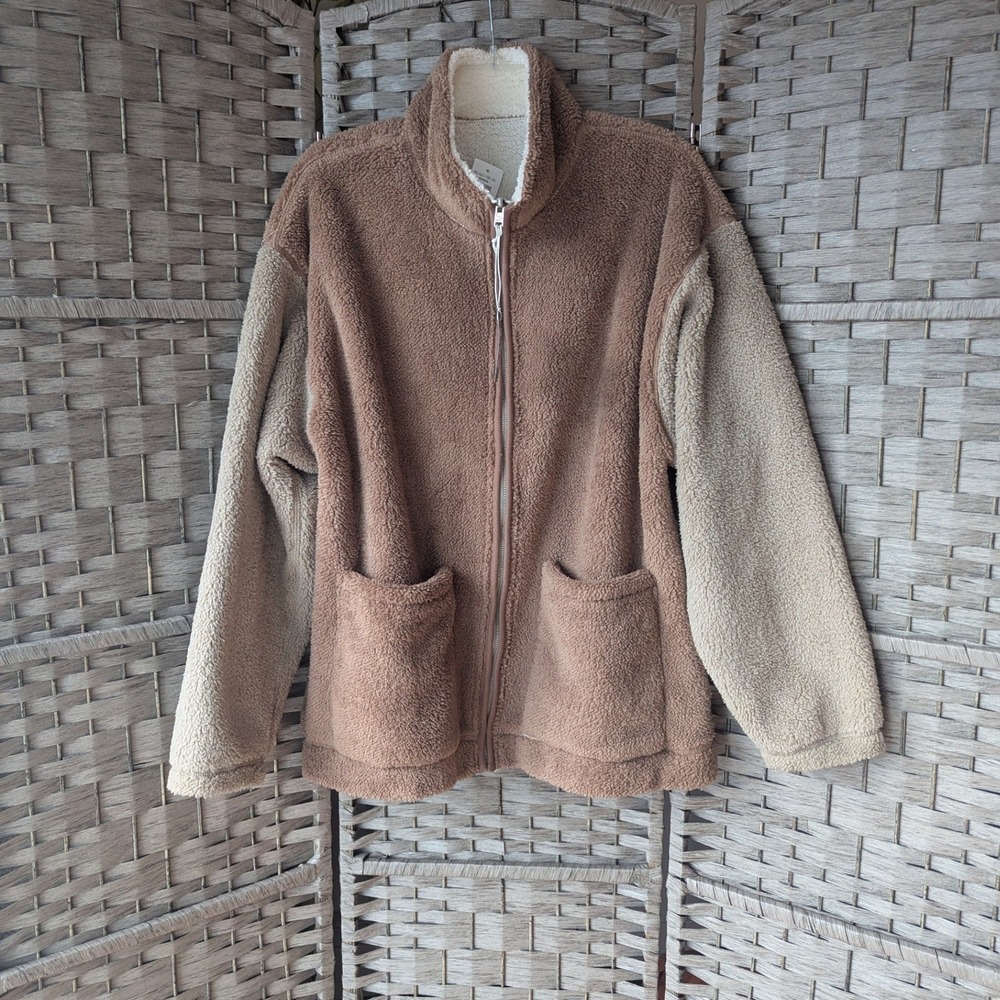 Hollister Colorblock Sherpa Fleece Full Zip Jacket Tan Reversible Womens Sz M - Picture 1 of 10